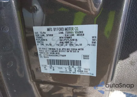 2005 Ford F-150 Fx4/Xlt z USA, uszkodzony, nr VIN 1FTPX04555KC77609